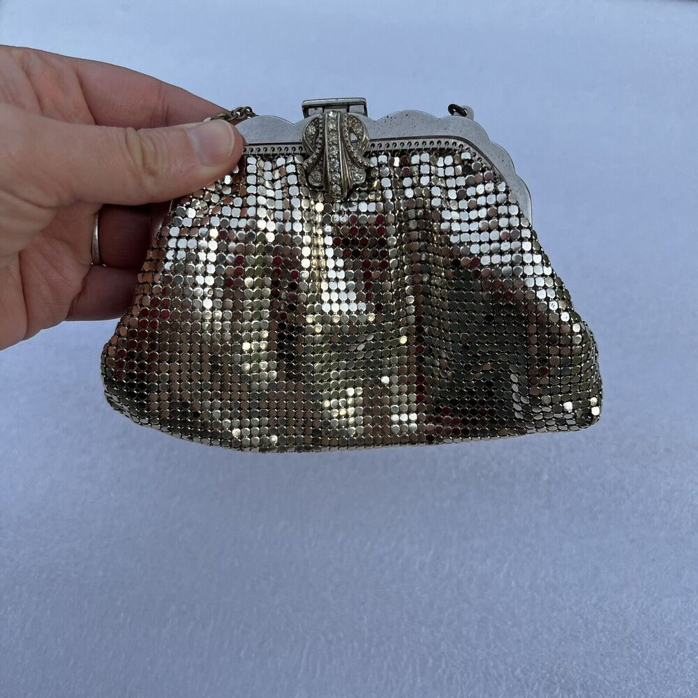 Vintage Mesh Whiting & Davis Co Silver Hand Bag Purse with Rhinestone Closure - Picture 5 of 11